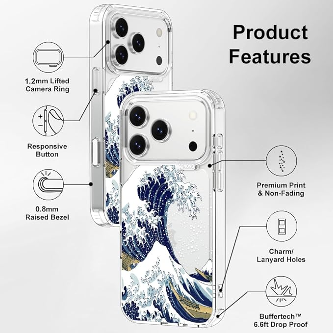 MOSNOVO for iPhone 17 Pro Case | Military Grade 6.6ft Drop Tested | Camera Control | Clear with Great Wave Design