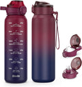 SLUXKE Insulated Water Bottle 32oz with 2Lids(Straw Lid & Spout Lid), 1L Double Walled Water Bottle with Time Marker, 1000ml Stainless Steel Metal Flask for Fitness, Gym and Outdoor RED BLACK