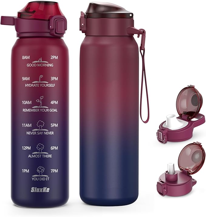 SLUXKE Insulated Water Bottle 17oz with 2Lids(Straw Lid & Spout Lid), 500ml Double Walled Water Bottle with Time Marker, Stainless Steel Metal Flask for Fitness, Gym and Outdoor RED BLACK