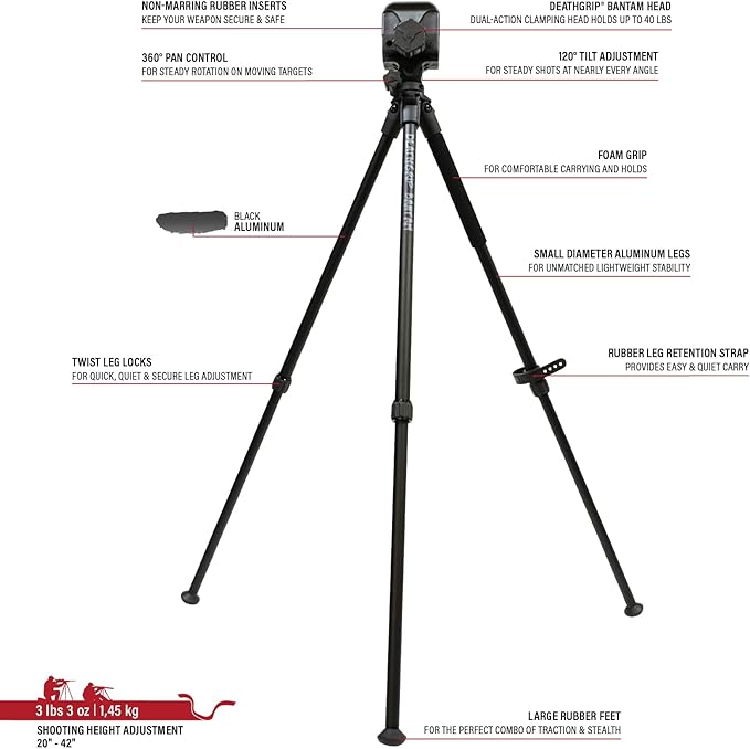 BOG DeathGrip Aluminum Tripod with Durable Frame, Lightweight, Stable Design, Bubble Level, Adjustable Legs, Shooting Rest, and Hands-Free Operation for Hunting, Shooting, and Outdoors