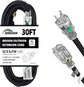 Indoor Outdoor Extension Cord Weatherproof with Lighted End, UL Listed, 12 Gauge 30FT Black 3 Prong Heavy Duty, 12/3 SJTW 15A Power Cord for Outdoor Lights, Lawn