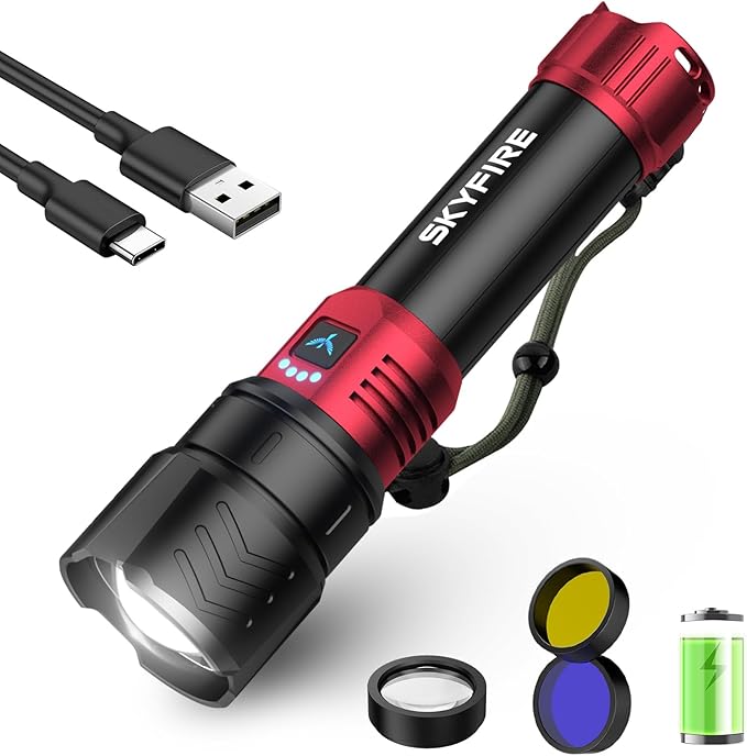SKYFIRE Bright Flashlight with Ignition Lens&Yellow/Blue Light,3000lm Super Bright Rechargeable Flashlights High Lumens,Zoomable,Waterproof Tactical Flashlight for Camping,Outdoor &Gifts