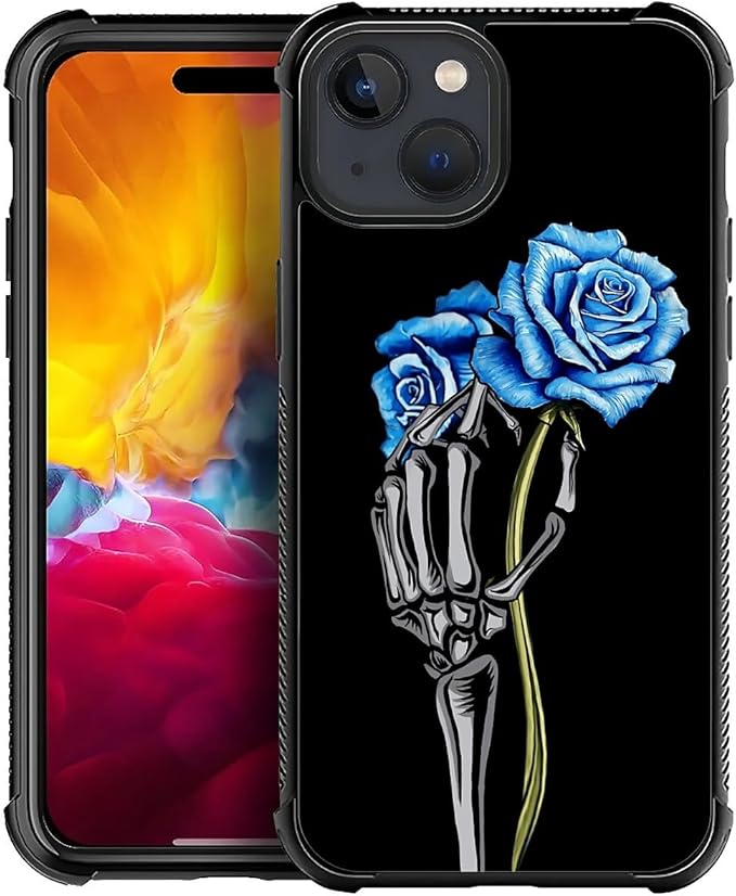 for iPhone 15 Case, Skeleton Holding Blue Rose Pattern Graphic Design Girl Boy Soft Silicone Hard Acrylic Shock Protection for iPhone 15