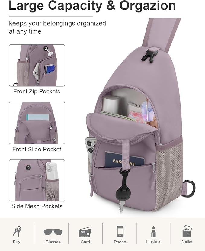 Pritent Crossbody Bags for Women Man, Waterproof Sling Bag Backpack Trendy Casual Cross Body Bags with Convertible Shoulder Strap Chest Bag for Camping Hiking Travel Essentials (Purple, Large)