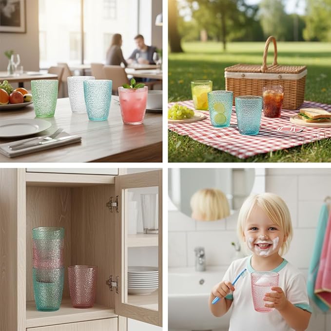 4 PCS Colored Plastic Drinking Glasses, Reusable Acrylic Drinking Cups, Stackable Juice Glasses Drinkware, Unbreakable Water Tumblers, BPA Free, Dishwasher Safe, 290 ML/10 OZ (4 Colors)