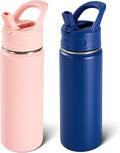 Fijinhom 2 Pack 18oz Insulated Stainless Steel Water Bottle with Straws, Double Wall Vacuum Insulated Bottles, Metal Thermo for Travel, Sports, Leak-Proof, BPA Free, Women & Men, Pink&Blue