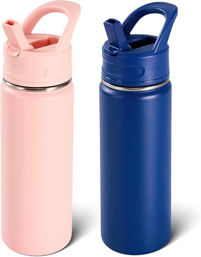 Fijinhom 2 Pack 18oz Insulated Stainless Steel Water Bottle with Straws, Double Wall Vacuum Insulated Bottles, Metal Thermo for Travel, Sports, Leak-Proof, BPA Free, Women & Men, Pink&Blue