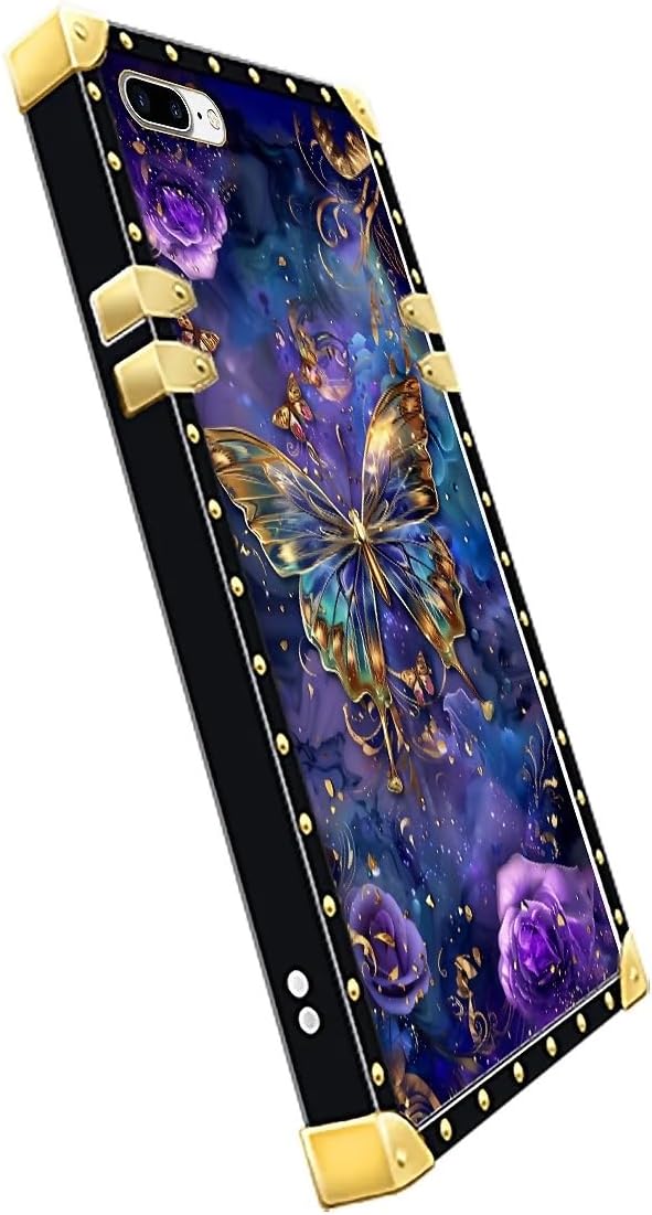 Compatible with iPhone 8 Plus 7 Plus Case, Glistening Golden Butterfly Vibrant Purple Blue Luxury Golden Decoration for Girl Women Soft TPU Shockproof Protective Hard PC Back
