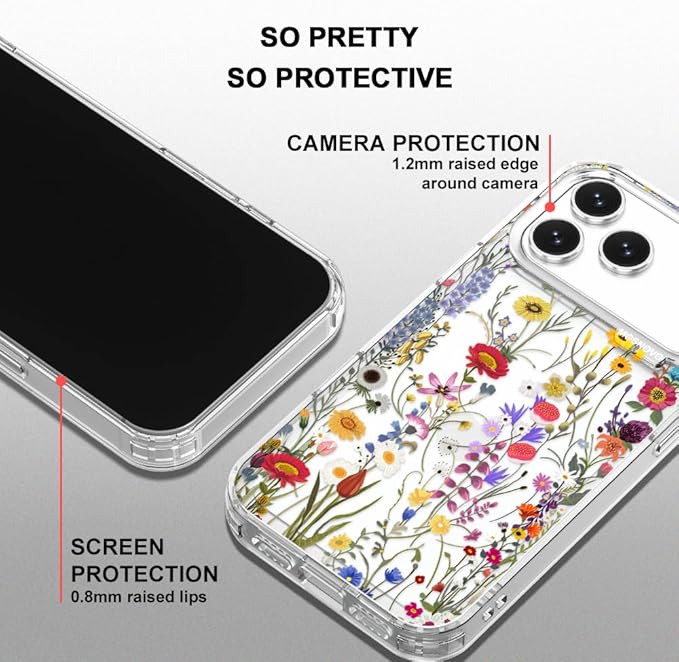 MOSNOVO for iPhone 17 Pro Max Case | Military Grade 6.6ft Drop Tested | Camera Control | Clear with Wildflower Meadow Design