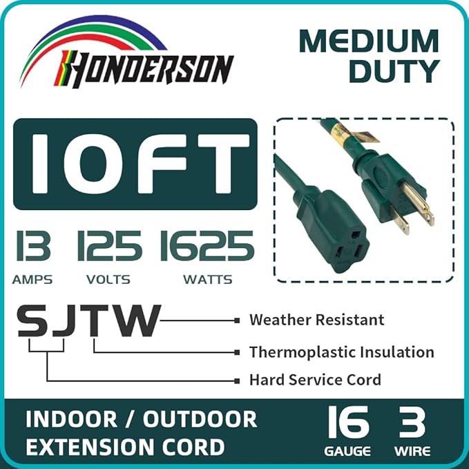 10FT Outdoor Extension Cord-16/3 SJTW Durable Green Extension Cord for Christmas Lights with 3 Prong Grounded Plug for Safety,Great for Outside Christmas Decorations