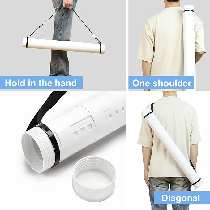 DEWEL Poster Tube, Waterproof Poster Holder Plastic Expandable Poster/Art/Document Storage Tube 24.5" to 40", Adjustable Poster Storage Blueprint Holder with Carrying Strap (White-Large Size)