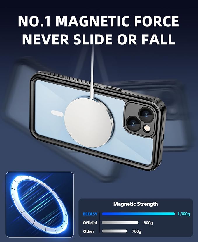 Beeasy for iPhone 14 Waterproof Case Compatible with Magsafe IP68 Underwater Military Grade, Phone Case with Shockproof, Dustproof, Rugged 360 Full Body Protection Cover with Built-in Screen Protector
