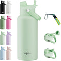 32oz Insulated Water Bottle with 2-in-1 Straw and Spout Lid, 304 Stainless Steel Water Bottle Keep Cold for 24H,Leak-Proof,Sports Water Bottle with Braided Carry Strap for Travel, Mint Green