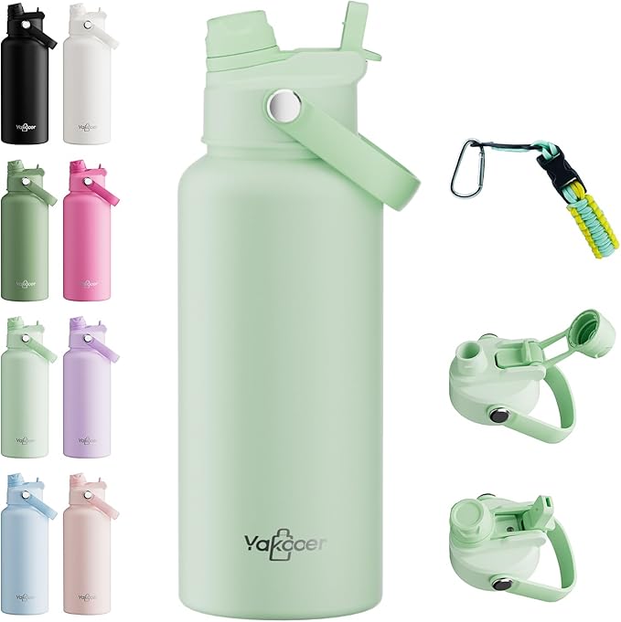 32oz Insulated Water Bottle with 2-in-1 Straw and Spout Lid, 304 Stainless Steel Water Bottle Keep Cold for 24H,Leak-Proof,Sports Water Bottle with Braided Carry Strap for Travel, Mint Green