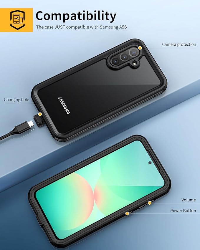 Lanhiem for Samsung Galaxy A56 Phone Case, IP68 Waterproof Dustproof, Built-in Screen Protector, Rugged Full Body Shockproof Protective Cover for Samsung A56 6.7", Black