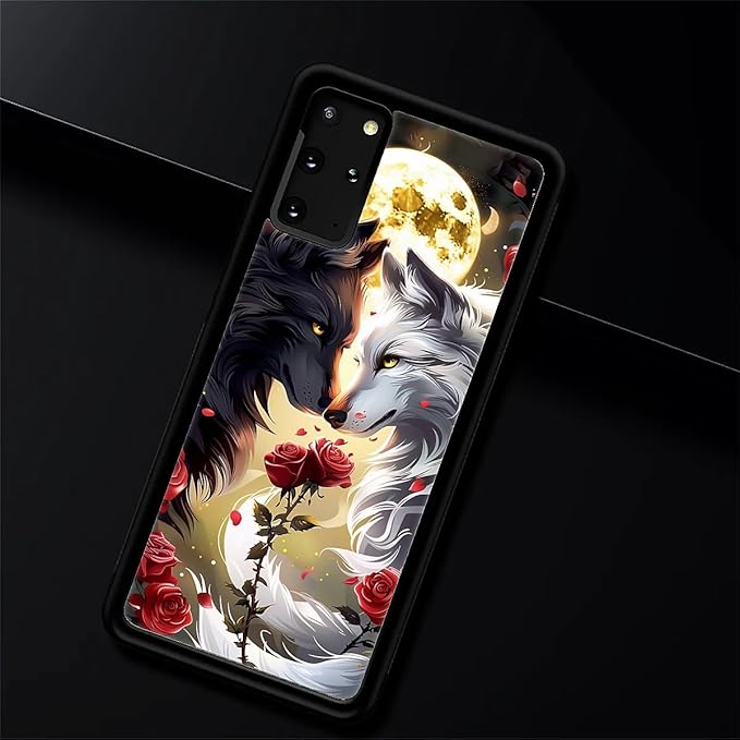 for Samsung Galaxy S20 Plus Case, Black White Wolf Moon Flower Rose Pattern Graphic Design Girl Boy Soft Silicone Hard Acrylic Shock Protection for Samsung Galaxy S20 Plus