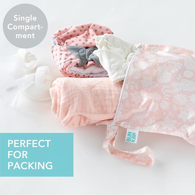 Bumkins - Waterproof Wet Bag - For Baby, Travel, Swim Suit, Cloth Diapers, Pump Parts, Pool, Gym, Toiletry, Strap to Stroller - Reusable & Easy to Clean - 2pk - Pink Lace