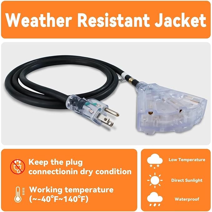 EP 25 Ft 12 Gauge Heavy Duty Extension Cord, 15A 125V 1875W, 3 Outlet Indoor/Outdoor Power Cord with Lighted End, 12/3 SJTW Weatherproof Black