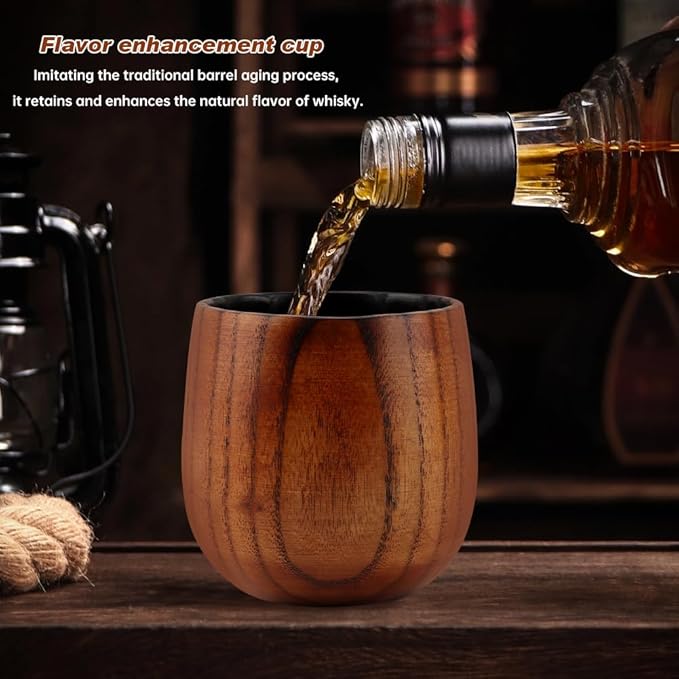 Charred Wooden Bourbon Drinking Glass, 2pcs Handcrafted Charred Wooden Whiskey Cup, Birthday Gifts for Dad Husband Boyfriend or Brother