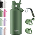32oz Insulated Water Bottle with 2-in-1 Straw and Spout Lid, 304 Stainless Steel Water Bottle Keep Cold for 24H,Leak-Proof,Sports Water Bottle with Braided Carry Strap for Travel, Moss Green