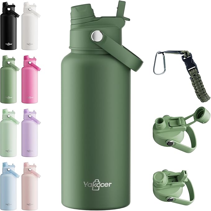 32oz Insulated Water Bottle with 2-in-1 Straw and Spout Lid, 304 Stainless Steel Water Bottle Keep Cold for 24H,Leak-Proof,Sports Water Bottle with Braided Carry Strap for Travel, Moss Green