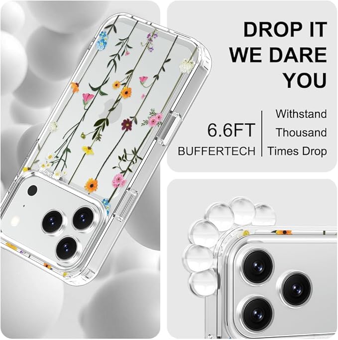 MOSNOVO for iPhone 17 Pro Case | Military Grade 6.6ft Drop Tested | Camera Control | Clear with Wildflowers Design