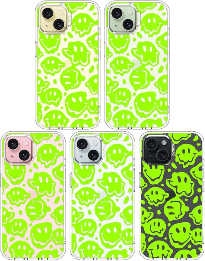 MOSNOVO Case for iPhone 15, [Buffertech 6.6ft Military-Grade Drop Protection] [Anti Peel Off Tech] Clear TPU Bumper Phone Case Cover Design - Distorted Green Smiles Face