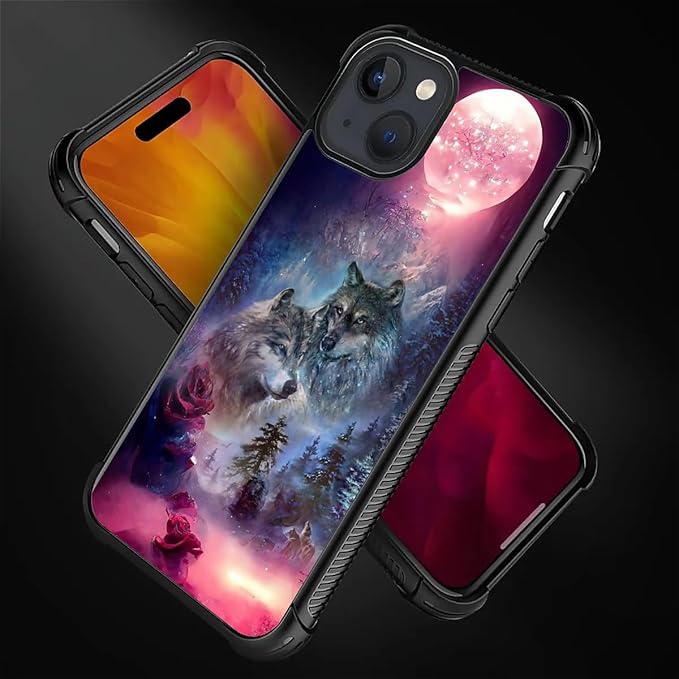 for iPhone 15 Plus Case, Star Two Wolfs Howling Pattern Graphic Design Girl Boy Soft Silicone Hard Acrylic Shock Protection for iPhone 15 Plus