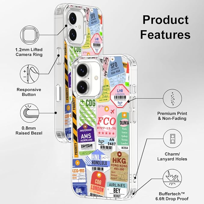 MOSNOVO for iPhone 17 Case | Military Grade 6.6ft Drop Tested | Camera Control | Clear with Air Ticket Labels Design