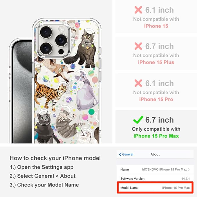 MOSNOVO Case for iPhone 15 Pro Max, [Buffertech 6.6ft Military-Grade Drop Protection] [Anti Peel Off Tech] Clear TPU Bumper Phone Case Cover Design - Space Cat