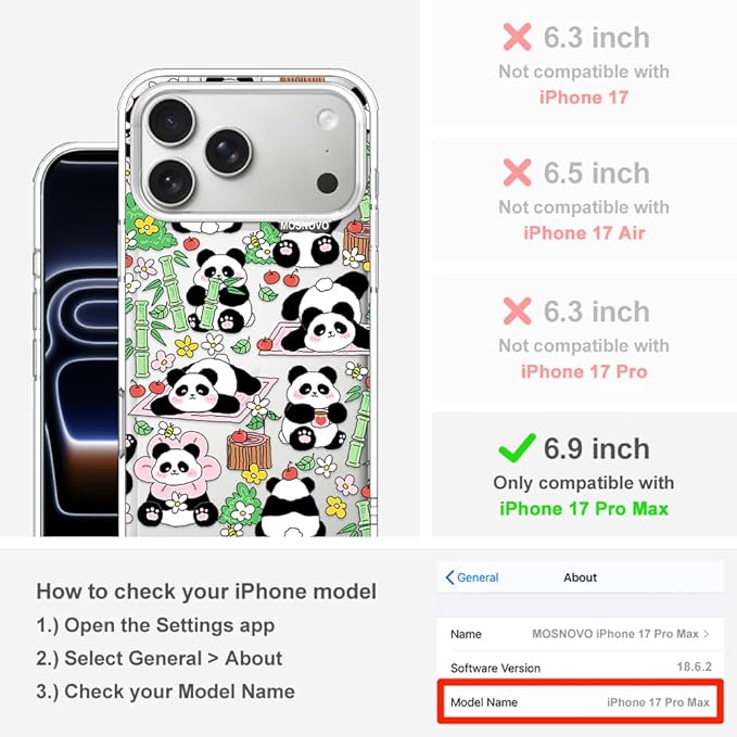 MOSNOVO for iPhone 17 Pro Max Case, Shockproof Military-Grade Protection 6.6ft Drop Tested, Camera Control, Clear Phone Case for iPhone 17 Pro Max, Kawaii Panda Garden Design
