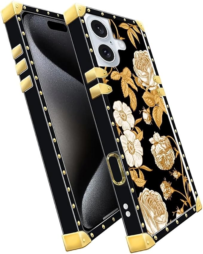 Compatible with iPhone 16 Plus Case, Blooming Rose Golden Flower Luxury Golden Decoration for Girl Women Soft TPU Shockproof Protective Hard PC Back for iPhone 16 Plus