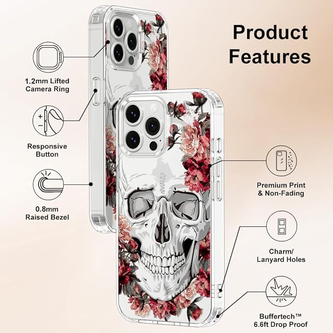 MOSNOVO Case for iPhone 13 Pro Max, [Buffertech 6.6ft Military-Grade Drop Protection] [Anti Peel Off Tech] Clear TPU Bumper Phone Case Cover Design - Red Flower Skull