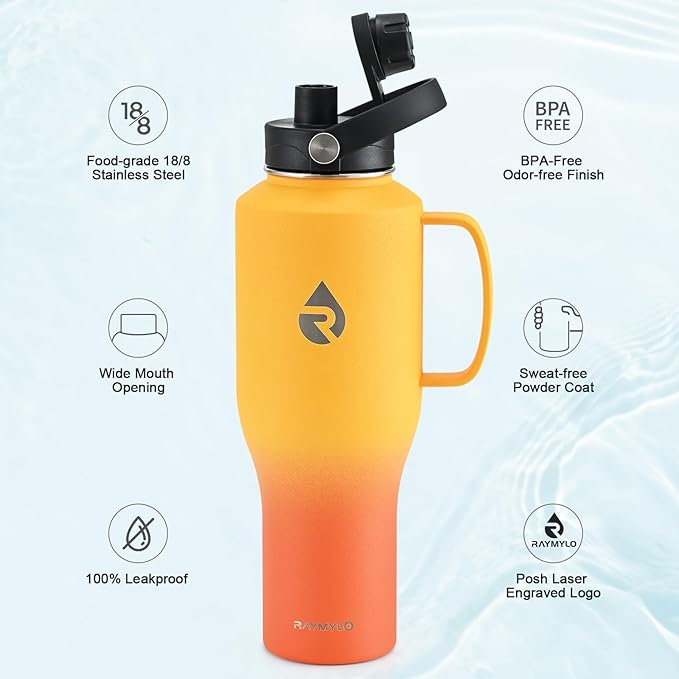 RAYMYLO Insulated Water Bottle 40oz (Cold for 48 Hrs), Stainless Steel Water Bottle with Handle & Straw Lid & Paracord Handle, Triple Wall Vacuum Leakproof Travel Flask, Fit in Any Car Cup Holder