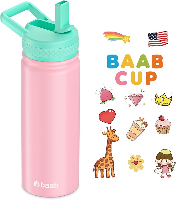 baab 18oz Kids Water Bottle, Insulated Water Bottle with Straw & Stickers, 18/8 Stainless Steel Vacuum Leakproof Kids Water Straw Cup for School, Perfect for Boy Girl (Pink, 1 Pack)