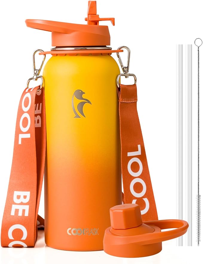 Coolflask Water Bottle with Straw, 40 oz Insulated Metal Water Flask with Straw & Spout Lids, Stainless Steel Double Wall Vacuum, Keep Cold 48h Hot 24h, Leak Proof, BPA-Free, Yellow/Orange