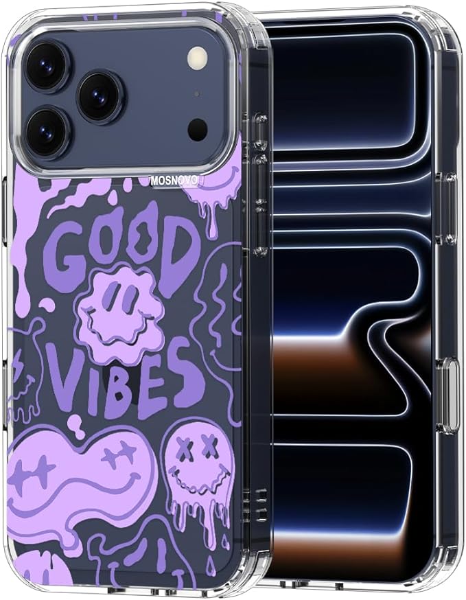 MOSNOVO for iPhone 17 Pro Max Case | Military Grade 6.6ft Drop Tested | Camera Control | Clear with Good Vibes Design