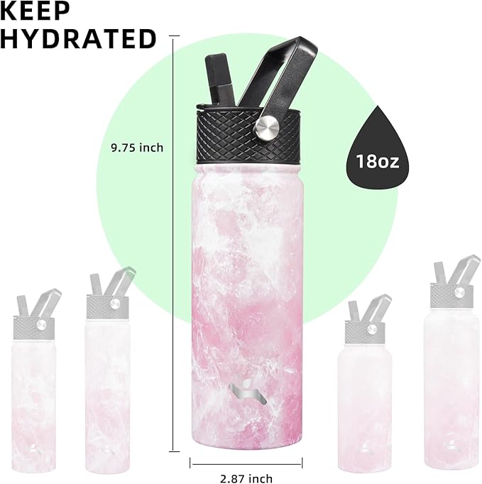 Konokyo 18 oz Insulated Water Bottle Stainless Steel Sport Bottles with 3 Lids,Marble Blossom