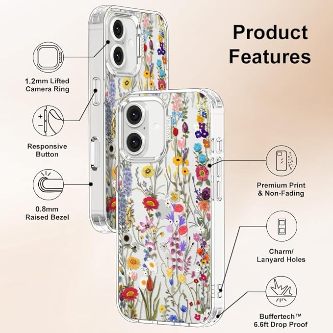 MOSNOVO Case for iPhone 16 Plus, [Buffertech 6.6ft Military-Grade Drop Protection] [Anti Peel Off Tech] Clear TPU Bumper Phone Case Cover Design - Wildflower Meadow