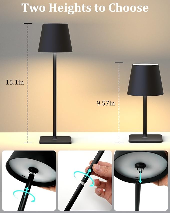 Fizrice Cordless Table Lamp Rechargeable Lamps: 6000mAh Battery Operated Table Lamp Outdoor Waterproof, Touch Control, Portable Wireless Desk Lamp for Dinner/Bedroom/Restaurant(Black 2 Pack)