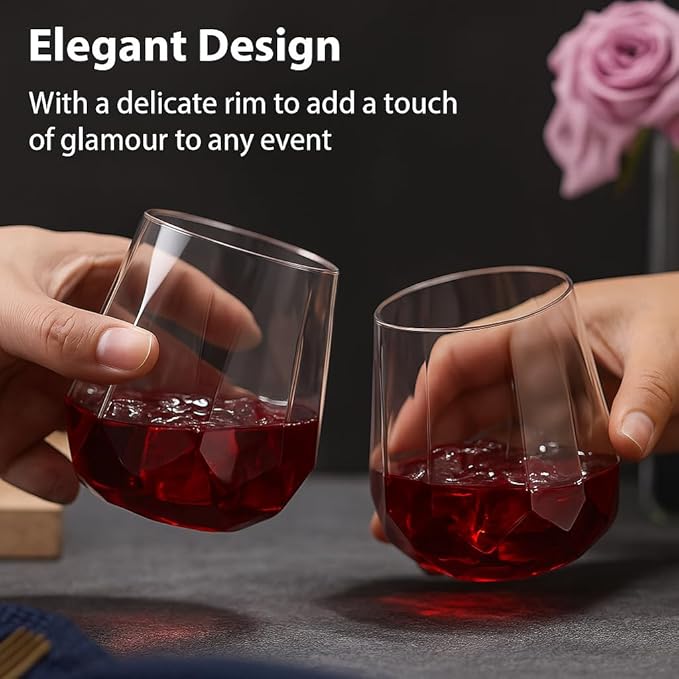 Oojami 40 Pack Diamond Shaped Plastic Wine Glasses 12 oz - Stemless Disposable Unbreakable Cups for Champagne Whiskey Cocktails, BPA-Free Shatterproof Drinkware for Wedding Party Home Bar (Clear)