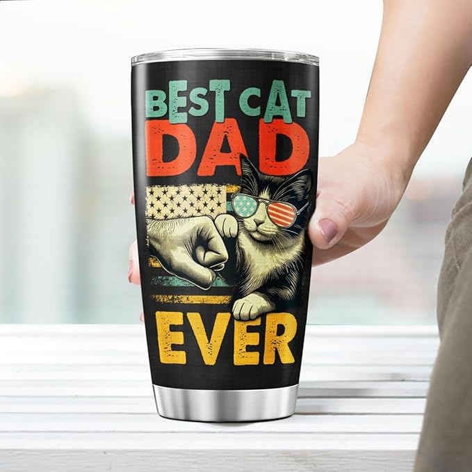 Best Cat Dad Ever 20oz Tumbler, Funny Fist Bump Design, Insulated Stainless Steel Travel Mug for Lovers, Ideal Birthday or Father's Day Gift