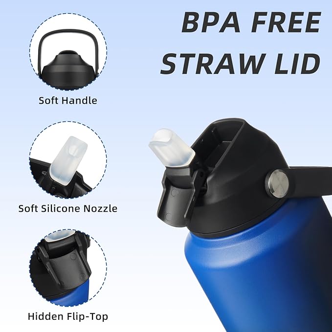 BJPKPK Water Bottle with Straw Lid, 32oz Vacuum Insulated Water Bottles, Metal Stainless Steel Thermo for Sports, Travel, BPA Free Leak Proof Thermo, Cups, Flasks, Tumblers,Black Blue
