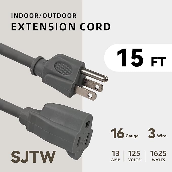15ft Outdoor Extension Cord for Christmas Decorations - 16/3 Heavy Duty SJTW Waterproof Gray Electrical Cable with 3 Prong Grounded Plug for Safety, Great for Lawn and Major Appliances