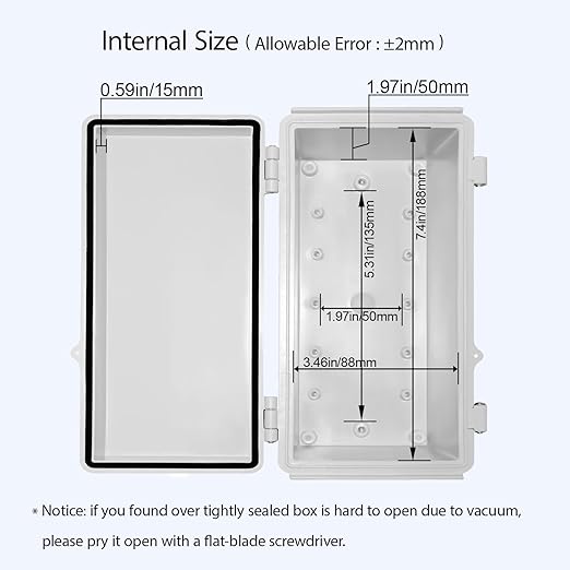 LeMotech Electrical Box, IP67 Waterproof Hinged Cover Stainless Steel Latch Junction Box, ABS Plastic Electrical Enclosure with Mounting Plate,Wall Brackets, Cable Glands,8.2"x4.2"x2.9",Grey