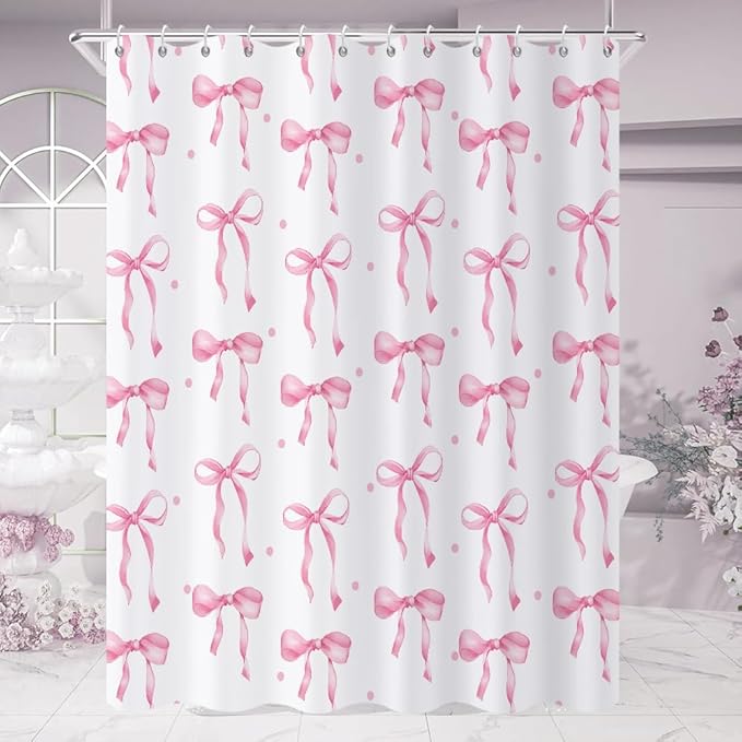Pink Bow Shower Curtain, Pink and White Modern Aesthetic Bowknot with Polka Dot Cute Girly Bathroom Curtain Waterproof Fabric Machine Washable with Hooks, 72" Wx84 L