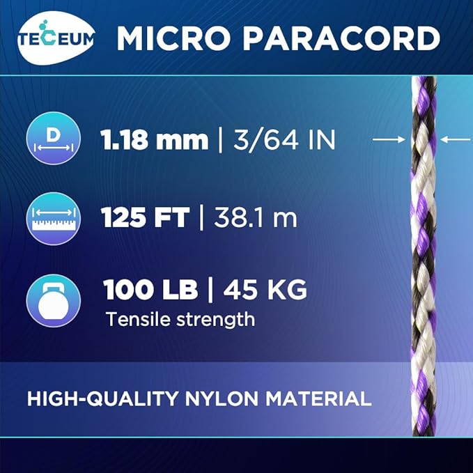 TECEUM Micro Paracord – 1.18 mm X 125 ft – Micro Utility Cord – Thin Braided Paracord Rope – Best for Crafting, DIY Projects, Fishing, Camping – Wind Chime Replacement – Survival Strong String
