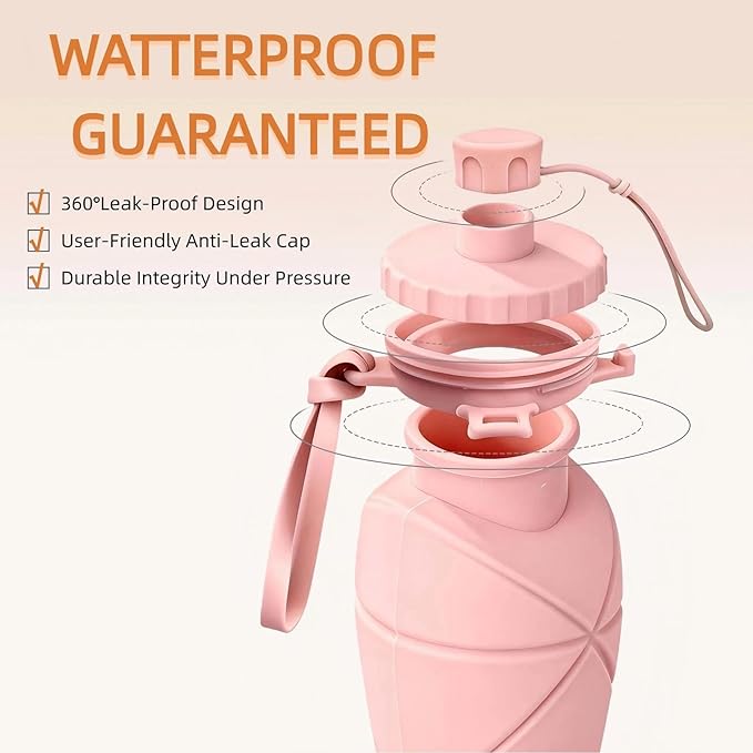 Collapsible Travel Water Bottle 20oz (600ml), BPA-Free, Foldable Silicone Lightweight Reusable Water bottle with Leak-Proof Lid & Lanyard, Portable for Travel Cycling Gym Camping (Pink)