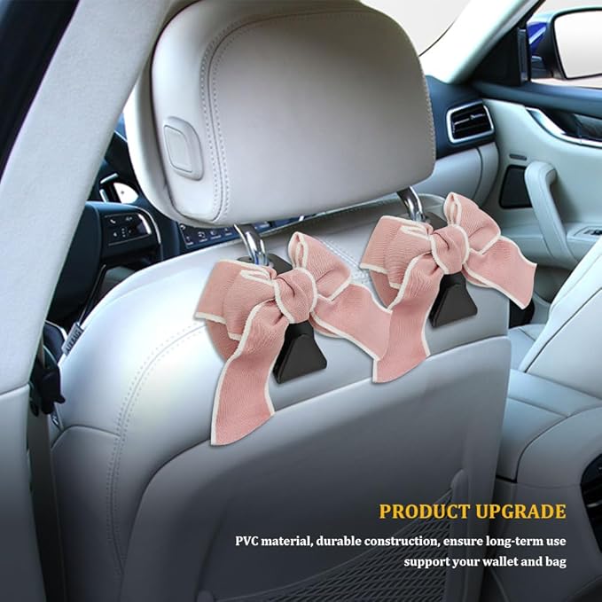 2PCS Car Hooks for Purses and Bags, Cute Bow Car Seat Headrest Hook, Car Accessories Multipurpose Back Seat Hanger Storage Organize Universal for Vehicles (2PCS-Pink Bowknot)