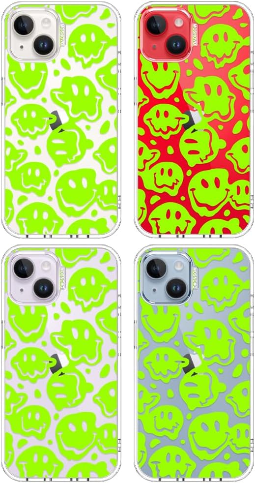 MOSNOVO for iPhone 13/14 Case | Military Grade 6.6ft Drop Tested | Clear with Distorted Green Smiles Face Design